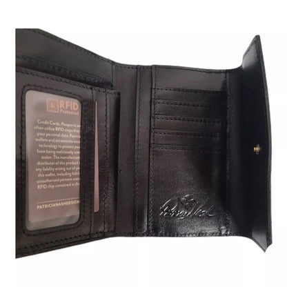 Patricia Nash Woodstock Leather Frame Tri-fold Wallet with RFID Protection - Black -
