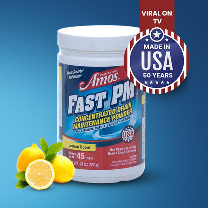 Professor Amos Fast PM Drain Maintenance Powder Concentrate Preventative Drain Cleaner Powder Garbage Disposal, Washing Machine, Dishwasher, Sink, Bathtub, Shower 24 Oz