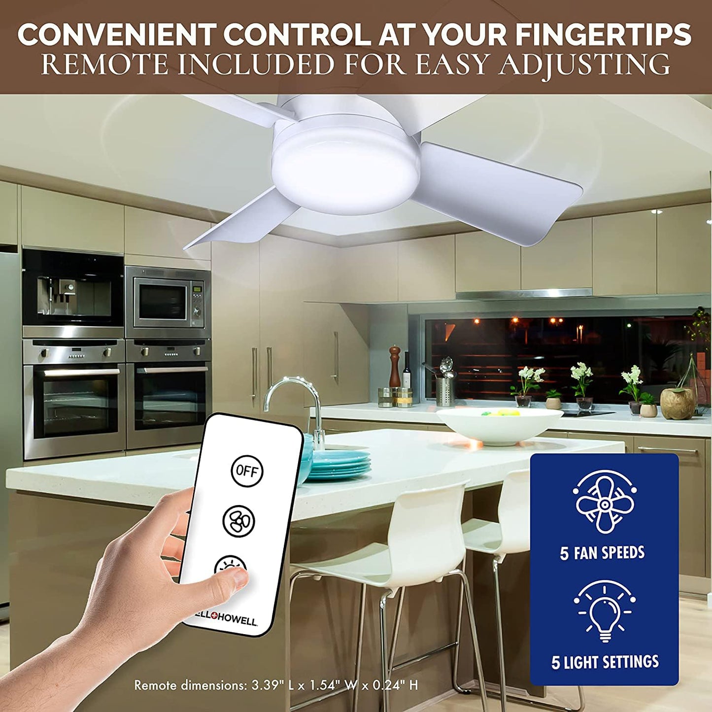 Bell+Howell Socket Breeze Light 5-Speed Deluxe LED – Ceiling Fans with Lights and Remote Control – For Bedroom, Kitchen, Living Room,1000 Lumens / 5000 Kelvins As Seen On TV