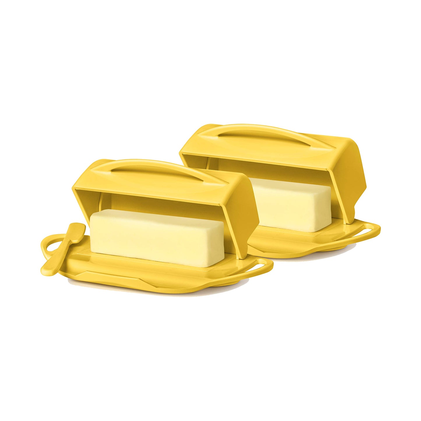Butterie Flip-Top Butter Dish with Lid & Matching Knife, 2-pack, No-Mess, Holds 2 Sticks/Kerrygold Butter, Shatterproof, Dishwasher Safe