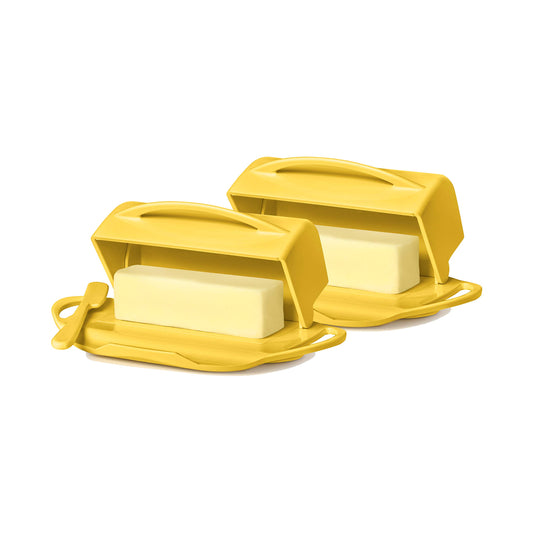 Butterie Flip-Top Butter Dish with Lid & Matching Knife, 2-pack, No-Mess, Holds 2 Sticks/Kerrygold Butter, Shatterproof, Dishwasher Safe