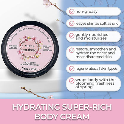Perlier Cherry Blossom Honey Body Cream - Moisturizing Non-Greasy Cream For Dry Skin - Formulated for Extra Hydration 6.7 Oz