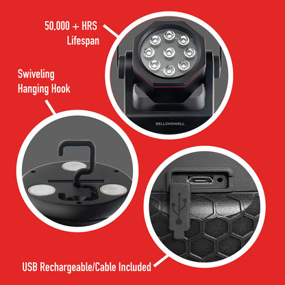Bell+ Howell Bionic LED Work Light with Stand, Super Bright Rechargeable Portable LED Work Light, 1000 Lumen Camping Light, 50,000+ Hr. Lifespan