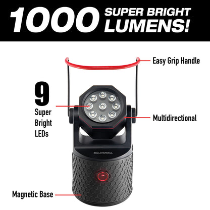 Bell+ Howell Bionic LED Work Light with Stand, Super Bright Rechargeable Portable LED Work Light, 1000 Lumen Camping Light, 50,000+ Hr. Lifespan