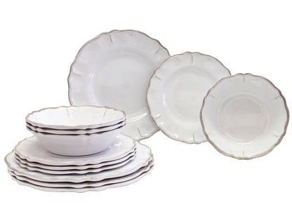 Le Cadeaux 12 Piece Luxury Melamine Dinnerware Set, Service for 4 (Rustica Antiqua White)