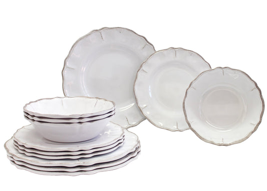 Le Cadeaux 12 Piece Luxury Melamine Dinnerware Set, Service for 4 (Rustica Antiqua White)