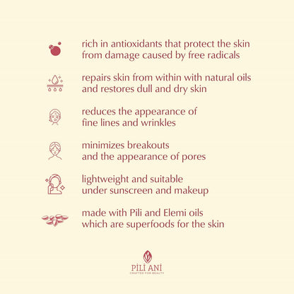 Pili Ani Ageless Concentrate – The perfect hydrating facial oil for daytime use, made with Pure Pili Oil and Elemi Oil for radiant and glowing skin. Vitamin E oil for face skincare 1.35 oz.