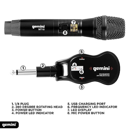 Gemini Sound Pro Audio GMU Plug and Sing Karaoke DJ Bluetooth Wireless UHF Band Handheld Microphone with Cordless 1/4" Inch Jack Transmitter Adapter for Speakers