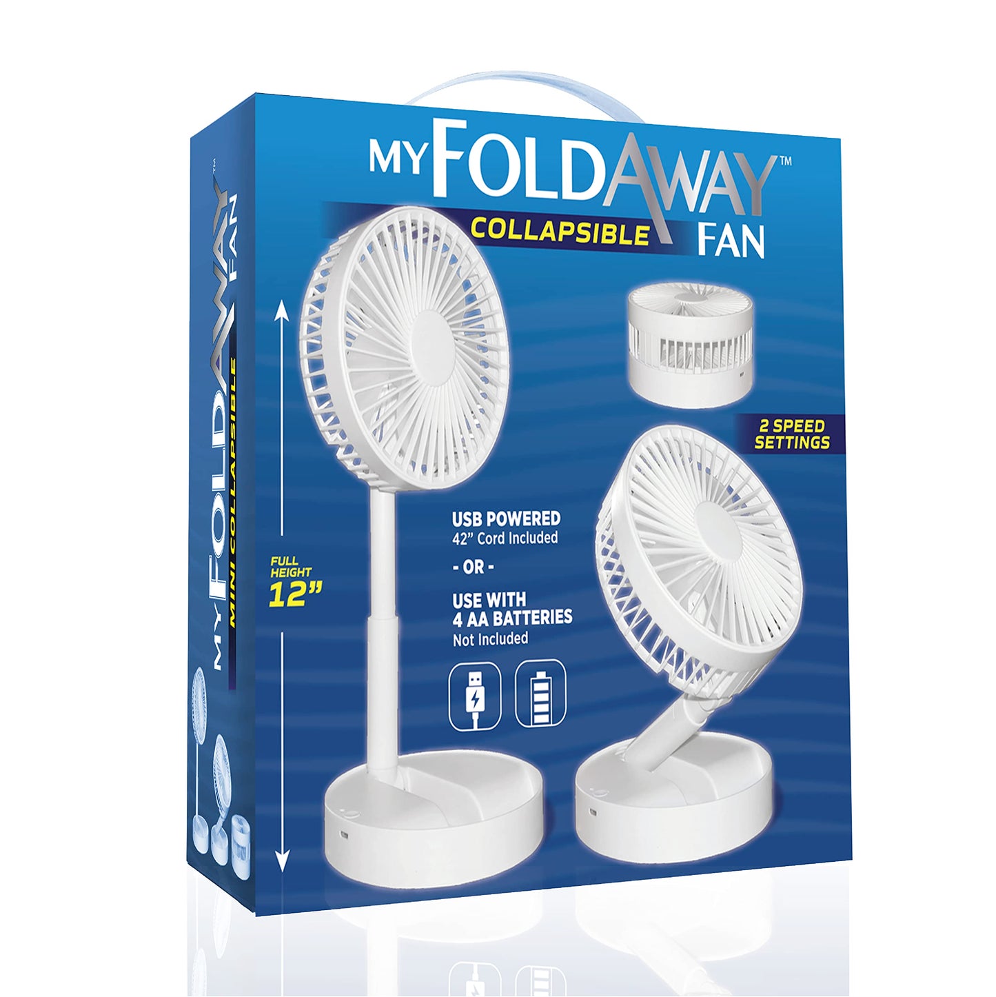 Bell+Howell MY FOLDAWAY FAN Rechargeable Fan Collapsible Fan Ultra Lightweight Portable Compact Extendable to 12" High with 2 Speed Modes As Seen On TV
