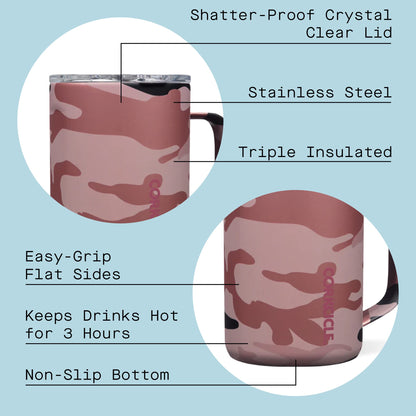 Corkcicle Coffee Mug - Triple-Insulated Stainless Steel Cup with Handle, 16 oz, Rose Camo